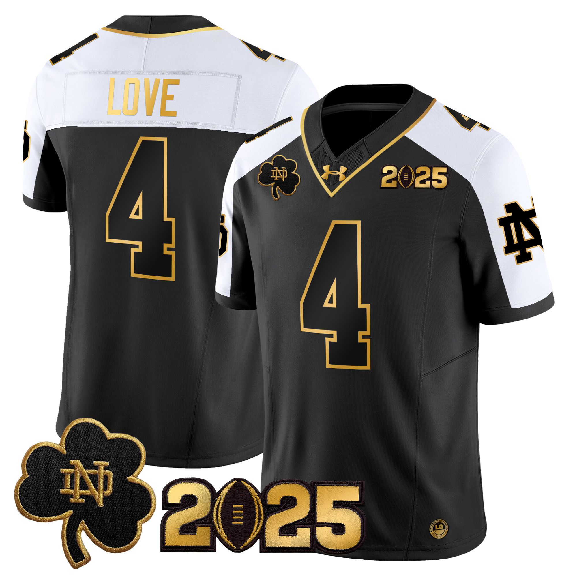 Men Notre Dame Fighting Irish 4 Love Black 2025 CFP Final Patch Gold Vapor Limited NCAA Jersey